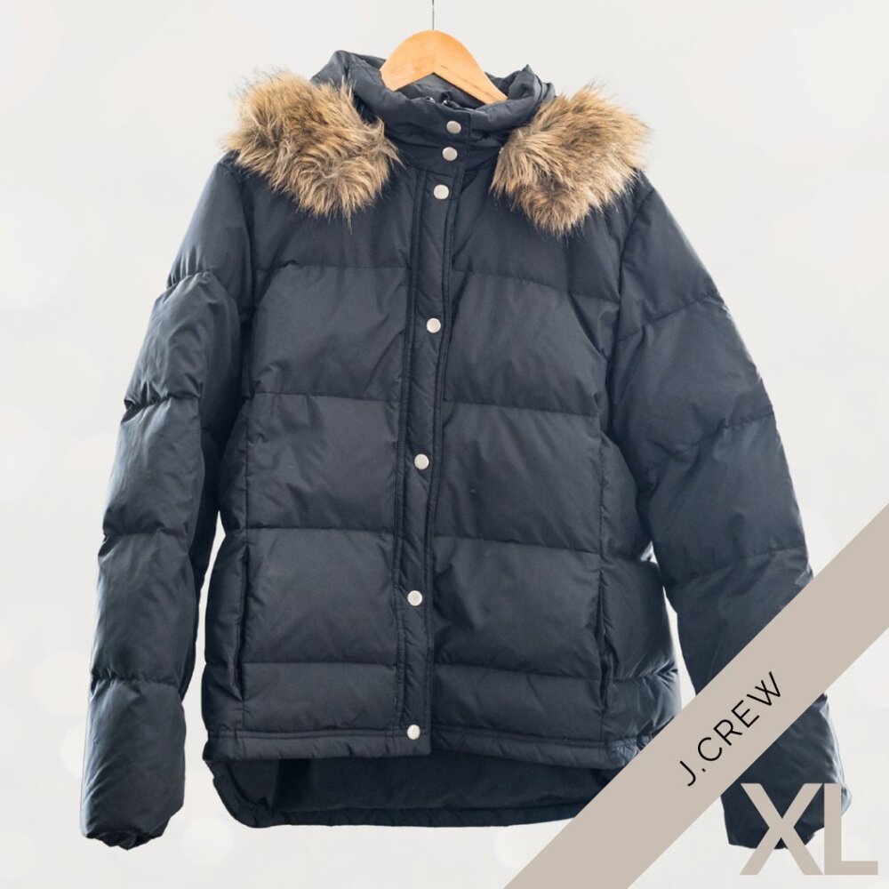 J.Crew Black Puffer Coat with Faux Fur Hood – Women’s XL